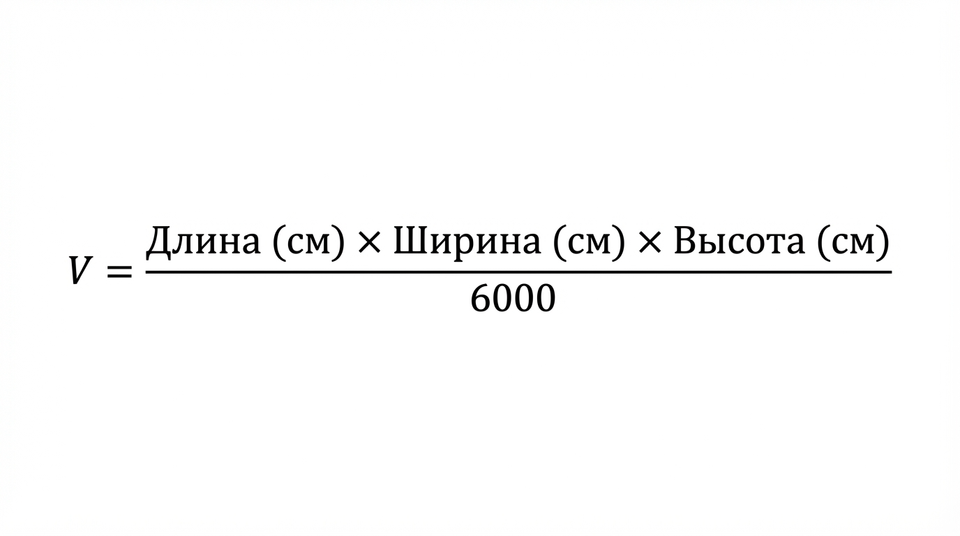 Формула расчёта объёмного веса: V = Длина (см) × Ширина (см) × Высота (см) / 6000